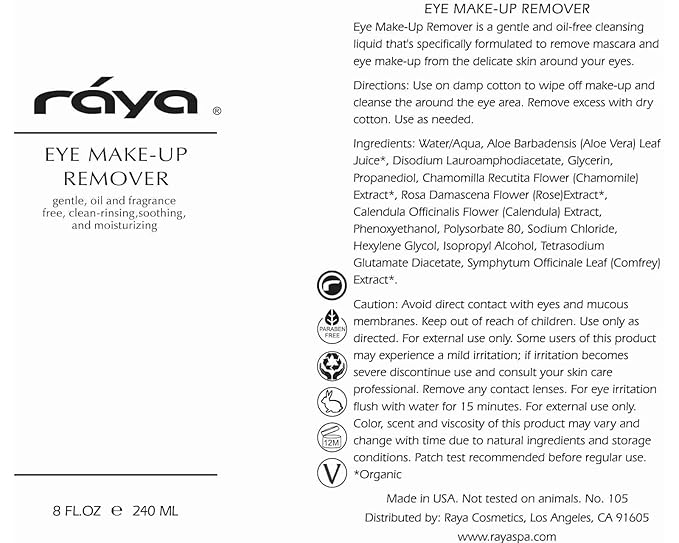 Raya Eye Make-Up Remover 8 oz (105) | Oil-Free, Make-Up Removing Cleansing Fluid | Gently Removes Non-Water-Proof Mascara | Great For Sensitive Skin-BrightBean Baby