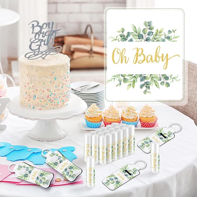 18 Sets Baby Shower Bridal Shower Favors for Guests Bulk Lip Balm and Lipstick Holder Keychains Set Baby Shower Bridal Shower Goodies Bags Thank You Gifts for Guests(Eucalyptus Baby)-BrightBean Baby