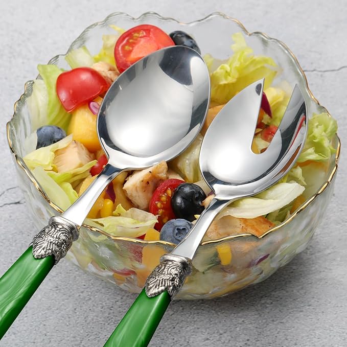 2-piece Salad Servers Stainless Steel Salad Serving Set Salad Fork and Spoon (Deep Green)