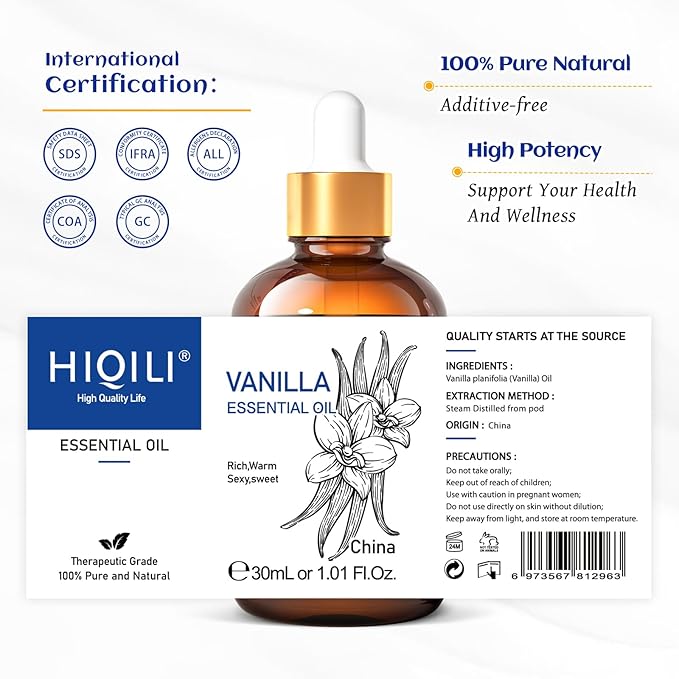 HIQILI 1 Fl Oz Vanilla Essential Oil, Undiluted Natural Strong Fragrance Add in Skin Perfume, Unscented Lotion, Candle Soap Making Scent, Relax at Home with Diffuse Warm Sweet Aroma-BrightBean Baby