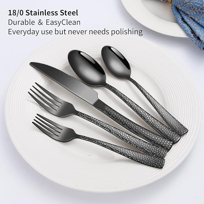 20-Piece Silverware Set, Black Hammered Stainless Steel Flatware for 4, Food-Grade Tableware, Including Fork, Knife, Spoon Set, Home Kitchen Cutlery, Dishwasher Safe