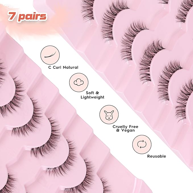 Natural Lashes False 11mm Short Eyelashes Wispy C Curl Eye Lashes Pack with Thin Cotton Band Fake Eyelash 3D Volume For Daily Siligli Lash 7 Pair-BrightBean Baby