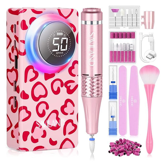 SAVILAND Electric Nail Drill Professional: 50000 RPM Electric Nail File Rechargeable Cordless Nail Drill Kit with Ceramic Drill Bits for Quick Acrylic Nail Removal Ambient Light Leopard Heart Print-BrightBean Baby