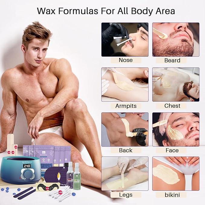 BLITZWAX Back and Nose Waxing Kit for Men, Hard Wax Warmer for Brazilian, Body and Face, At Home Hair Removal Kit, Beginner Friendly, Quick Heating, 93 Accessories, Blue Waves-BrightBean Baby