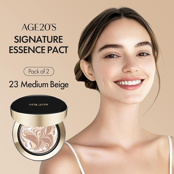 AGE20'S Signature Essence Pact SPF 50+ | Pack of 2 | 23 Medium Beige | Cream Foundation, Dewy Finish, Natural Coverage | Korean Cushion Foundation-BrightBean Baby