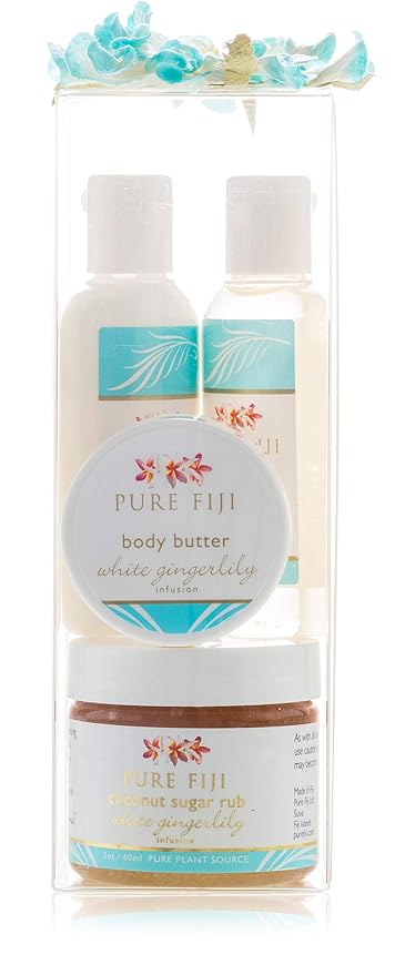 Pure Fiji Spa Gift for Women - Body Gift Box Include: Body Lotion 1Fl.Oz, Nourishing Exotic Oil 1 Fl.Oz, Body Butter 0.5oz & Sugar Rub 2oz, Scent White Gingerly-BrightBean Baby