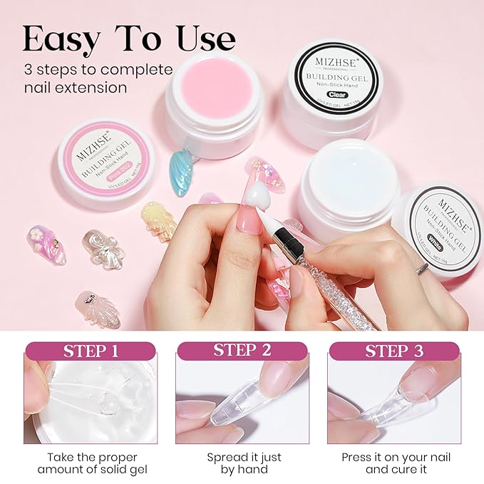 MIZHSE Solid Builder Gel for nails, 3 Colors Sculpting Gel for Nails, Clear White Pink Non-Sticky Hand 3D Nail Art Building Carving Modeling Hard Nail Extension Manicure Salon Home DIY Gift-BrightBean Baby