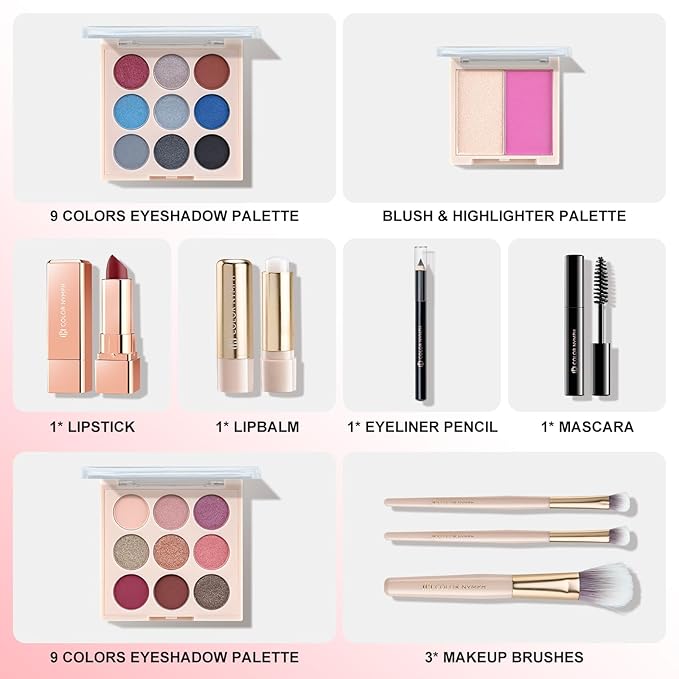 Color Nymph Beginner Makeup Set, Full Starter Cosmetics Set for Teenager Girls with Eyeshadow Palette Blush Lipstick Lip Pencil Eye Pencil Brush Mascara Portable Bag-BrightBean Baby