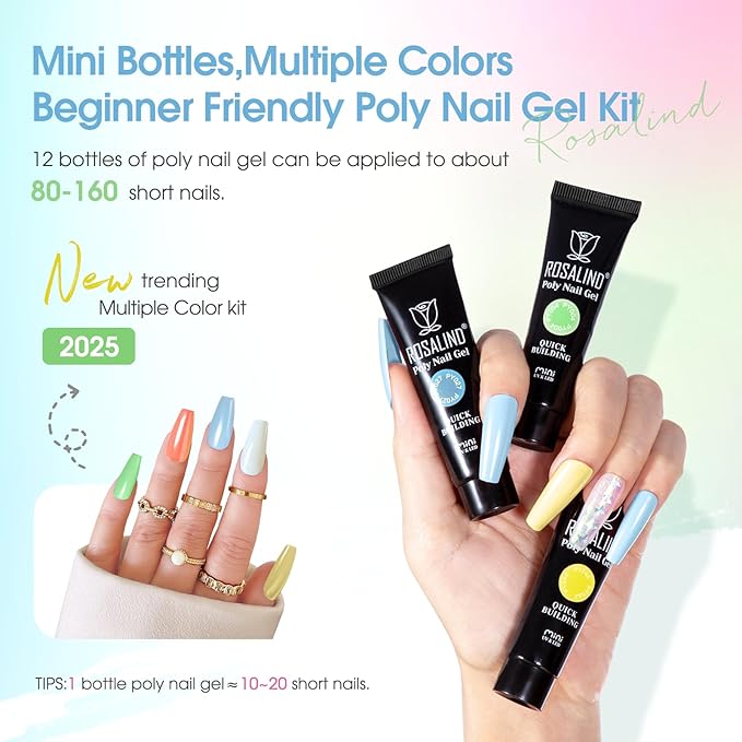 ROSALIND 12PCS Poly Nail Gel Kit with Mini Nail Lamp Nude Brown Cherry Pink Poly Extension Gel Kits-BrightBean Baby