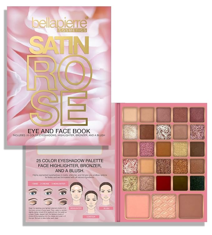 Bellapierre Satin Rose Face & Eye Book Palette | 25 Eyeshadow Shades with Blush, Bronzer, & Highlighter | Non-Toxic & Paraben Free | Vegan & Cruelty-Free-BrightBean Baby