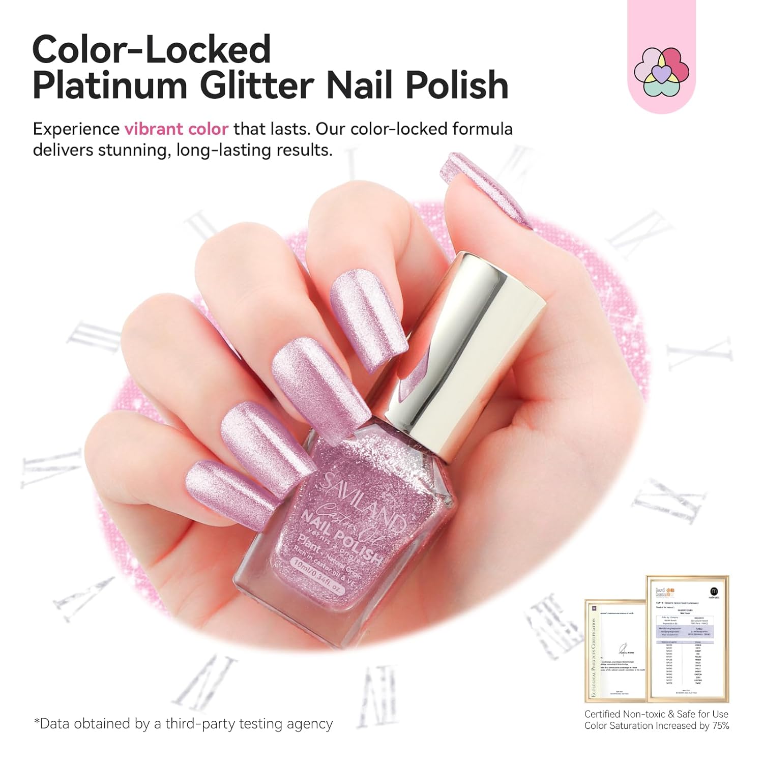 SAVILAND Color Artistry Rose Gold Glitter Nail Polish - 7 Days Shimmer Air Quick Dry Holographic Fingernail Polish, Sparkle Pink High Glossy Home DIY Manicure Gift for Women-BrightBean Baby