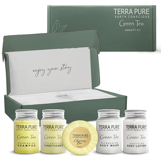 Terra Pure Green Tea Amenity Kit | Boxed Hotel Toiletries | Bulk Set 1oz Travel Size Shampoo, Conditioner, Lotion, Body Wash & Body Bar Soap for Guest Hospitality AirBnB/Vacation Rentals | 1 set/ case-BrightBean Baby