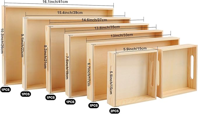 Aodaer 7 Pieces Wooden Nested Serving Trays Rectangular Shape Wood Trays Serving Trays with Handles for Kitchen Party Dinner Snacks