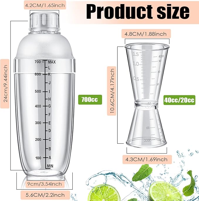 8 Pcs Plastic Cocktail Shaker Set 6 Pcs 24 oz Drink Shaker 2 Pcs Double Measuring Jigger Clear Plastic Bottle Tea Drink Mixer Cocktail Measuring Cup for Kitchen Bar Party Tools