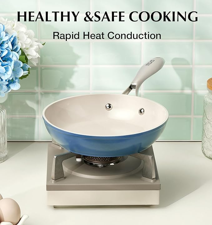 KOCH SYSTEME CS Nonstick Frying Pan with Lid, 10 Inch Non Stick Skillet with Stay-Cool Stainless Steel Handle, Omelet Pan with Nonstick Ceramic Coating, PFOA Free, Dishwasher & Oven Safe, Blue