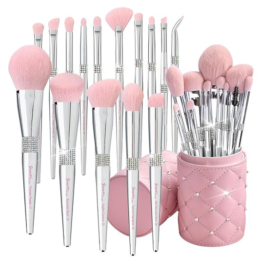 Bueart Design Elegant pink Ultra soft labeled Makeup Brushes Sets with Brush Holder makeup brush set with Foundation Powder blush blending contour Brush (15Pcs Silver Pink+Holder)-BrightBean Baby