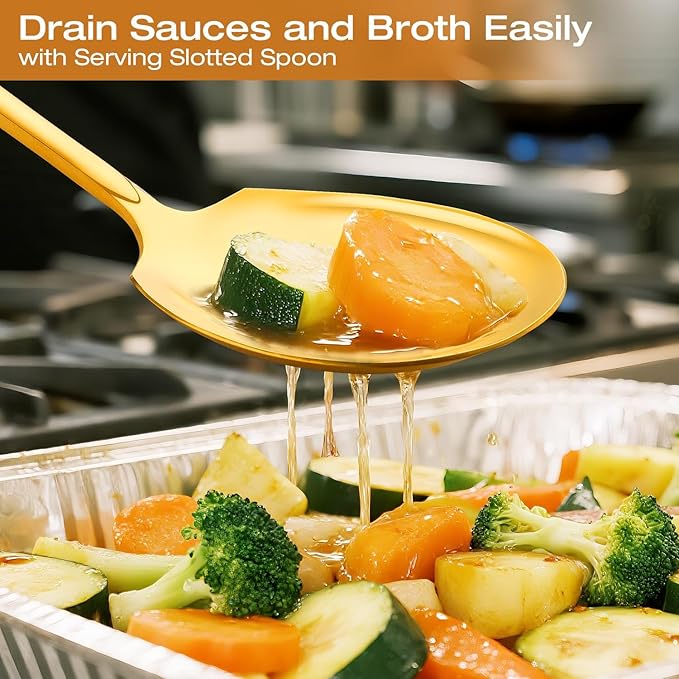 Extra Large Serving Spoons Set 11.7-Inch Gold Serving Slotted Spoon x 3 Serving Spoon x 3, 18/8 Stainless Steel Big Serving Utensil for Buffet, Parties, Catering - Dishwasher Safe(6-Pack, Gold)