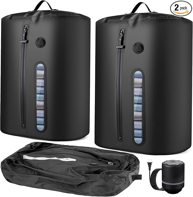 Vacuum Bags for Travel With Pump, Reusable Vacuum Packing Cubes for Traveler, Compression Bags for Clothes, IP68 Waterproof Airless Travel Bags for Storage, Luggage, Backpack & Suitcase (2PC + Pump)