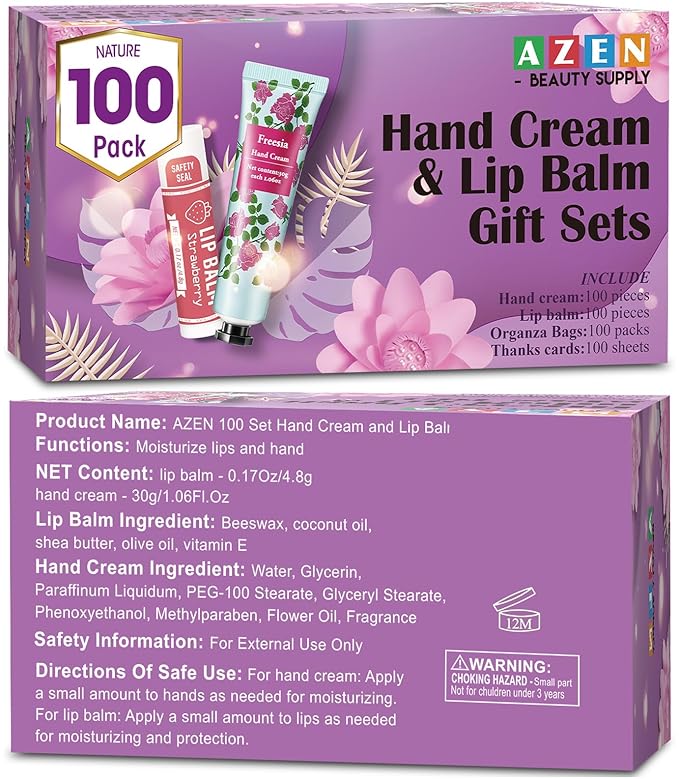 AZEN 100 Sets Hand Cream Bulk and Lip Balm Bulk Set, Bridal Shower Gifts for Guests with Organza Bag Thank You Card, Thank You Gifts for Coworkers Women Men, Bridal Wedding Favors for Guests-BrightBean Baby
