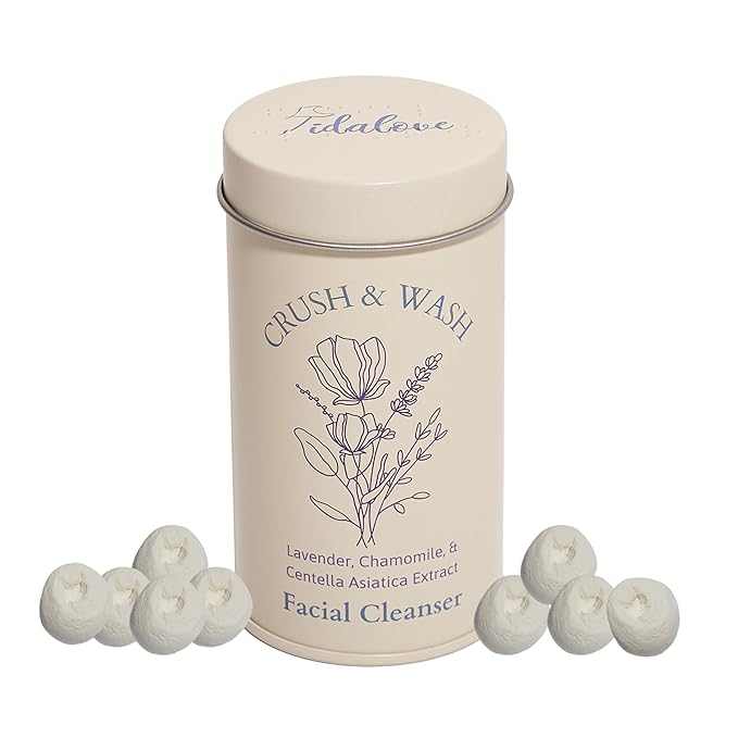 3-in-1 Solid Facial Cleanser, Exfoliator, and Wash-off Mask - Vegan, Cruelty-Free, Plastic-Free, Travel-Friendly, 1 Month Supply (60 Crushable Tablets) in Tin (Calming Beans in Tin)-BrightBean Baby