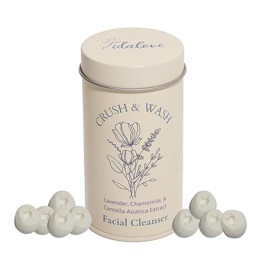 3-in-1 Solid Facial Cleanser, Exfoliator, and Wash-off Mask - Vegan, Cruelty-Free, Plastic-Free, Travel-Friendly, 1 Month Supply (60 Crushable Tablets) in Tin (Calming Beans in Tin)-BrightBean Baby