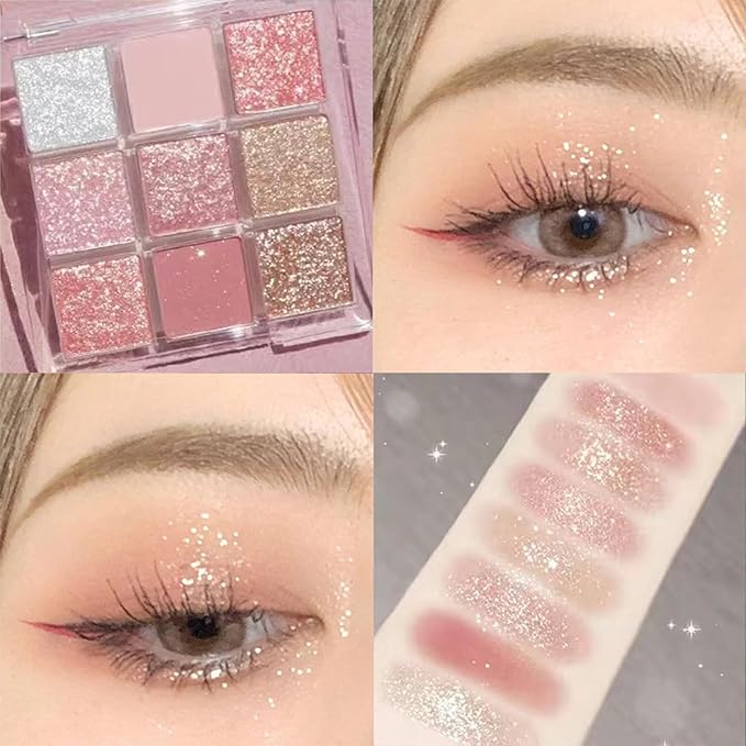 Erinde 9 Colors Eyeshadow Palette, Matte Shimmer Glitter Eye Shadow Palette Makeup, Highly Pigmented Long Lasting Waterproof, Natural Neutral Nude Eyeshadow Makeup Pallet, Sunset Glow-BrightBean Baby