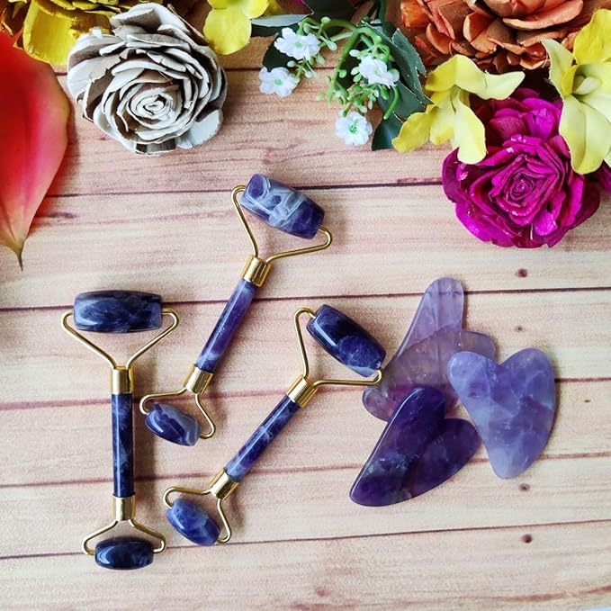 Amethyst Massage Roller and Gua sha Set | Reduces Wrinkles, Fine lines and Dark Circles | Pink Jade Roller | Anti-aging Massager for Skin Toning and Tightening for Face, Eyes, Neck-BrightBean Baby