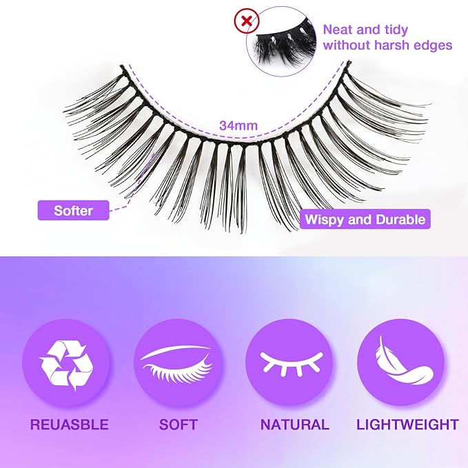 Wispy False Eyelashes Kit With Bond, Seal and Tweezer, 7 Pairs Natural Look Fake Cat Eye Lashes Strips Thin Band Extensions Waterproof Easy Eyelashes for Beginners DF1-BrightBean Baby