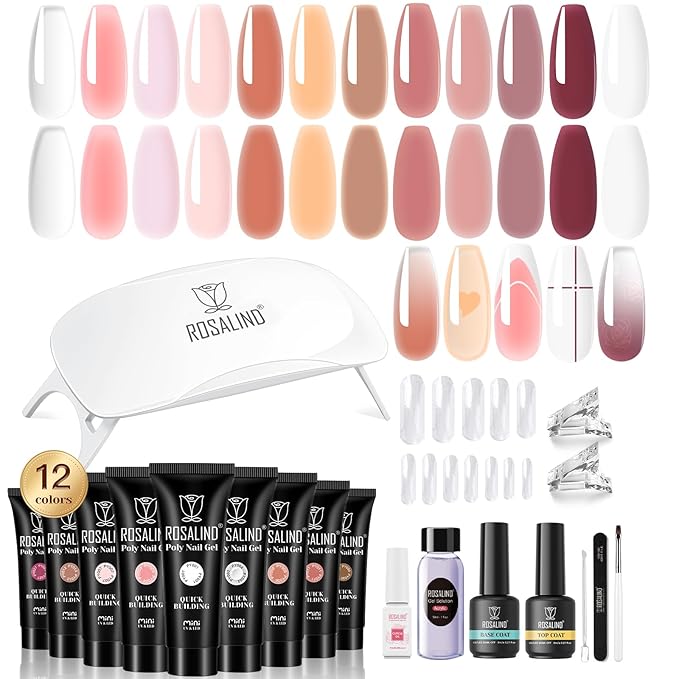 ROSALIND Poly Nail Gel Kit -12 Colors + Nail Art Accessories Kit Summer Neon Poly Nails Gel Kit Starter Kit With Slip Solution Pro Bright Colors Nail Extensions Gel Set with Mini UV Lamp-BrightBean Baby