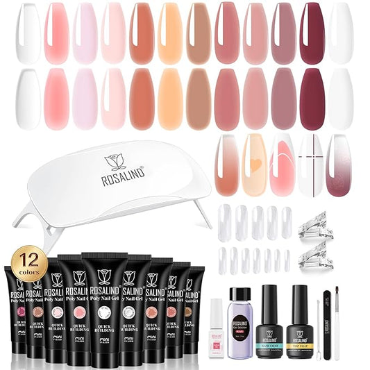 ROSALIND Poly Nail Gel Kit -12 Colors + Nail Art Accessories Kit Summer Neon Poly Nails Gel Kit Starter Kit With Slip Solution Pro Bright Colors Nail Extensions Gel Set with Mini UV Lamp-BrightBean Baby