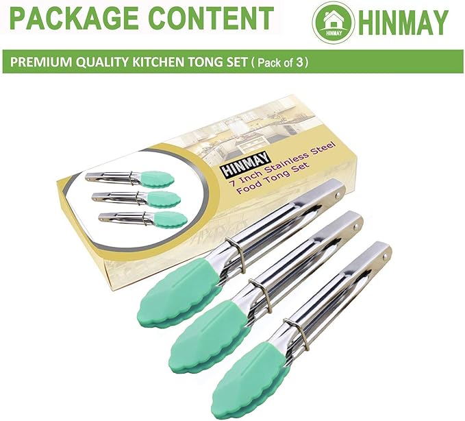 Stainless Steel Food Tongs with Silicone Tips 7-Inch Mini Tongs, Set of 3 (Mint)