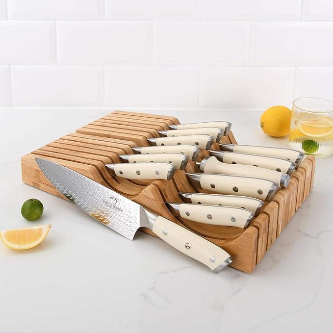 NANFANG BROTHERS Damascus Kitchen Knife Set,14 Pieces Drawer Knife Set,ABS Ergonomic Handle for VG10 Steel Professional Chef Knives Set with Block and Steak Knives