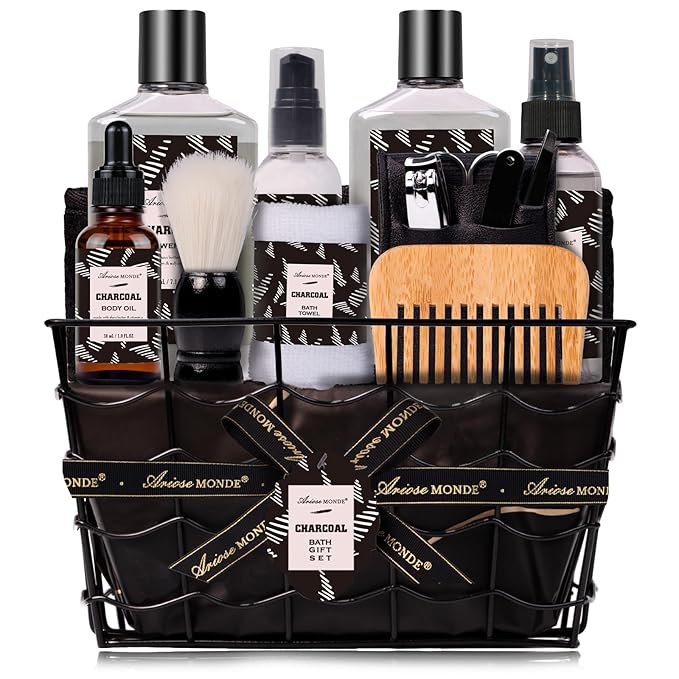 Valentines Day Gifts for Men Spa Gifts for Men, Charcoal Bath and Body Gift Set for Men, 10 Pcs Spa Kits Ideal Birthday, Christmas. Men's Relaxation Bath Baskets, Self Care Kit-BrightBean Baby