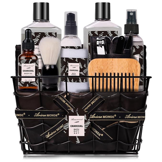 Valentines Day Gifts for Men Spa Gifts for Men, Charcoal Bath and Body Gift Set for Men, 10 Pcs Spa Kits Ideal Birthday, Christmas. Men's Relaxation Bath Baskets, Self Care Kit-BrightBean Baby