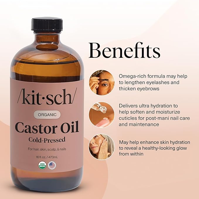 Kitsch Organic Castor Oil for Hair Growth - 100% Pure Castor Oil, Organic Cold Pressed Unrefined Glass Bottle for Face, Skin, Lashes, Brows, Scalp, Nails & Belly Button - Hexane Free, USDA - 16 oz-BrightBean Baby