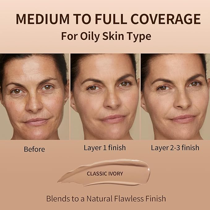 FV Full Coverage Liquid Foundation Makeup, Long Lasting Matte Foundation with Flawless Finish, Concealing & Minimizing Pores, Oil Control Waterproof for Oily Combination Skin, 1 Fl. Oz(Classic Ivory)-BrightBean Baby