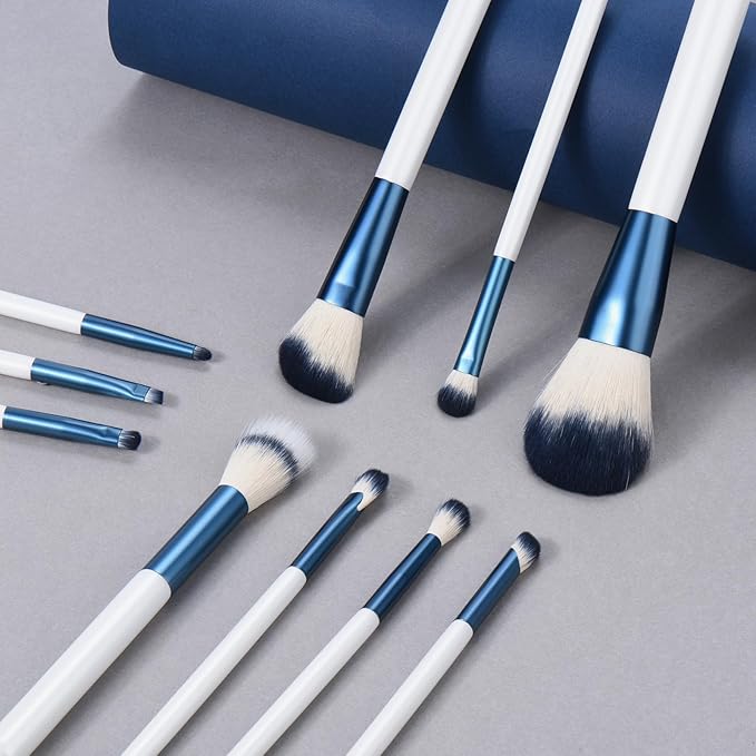Makeup Brushes Set With Case 10Pcs White Makeup Brush Kit Foundation Eyeshadow Powder Blending Kabuki Eyebrow Eyelash Brushes Cosmetic Brush Travel Kit Gift (White+Blue)-BrightBean Baby