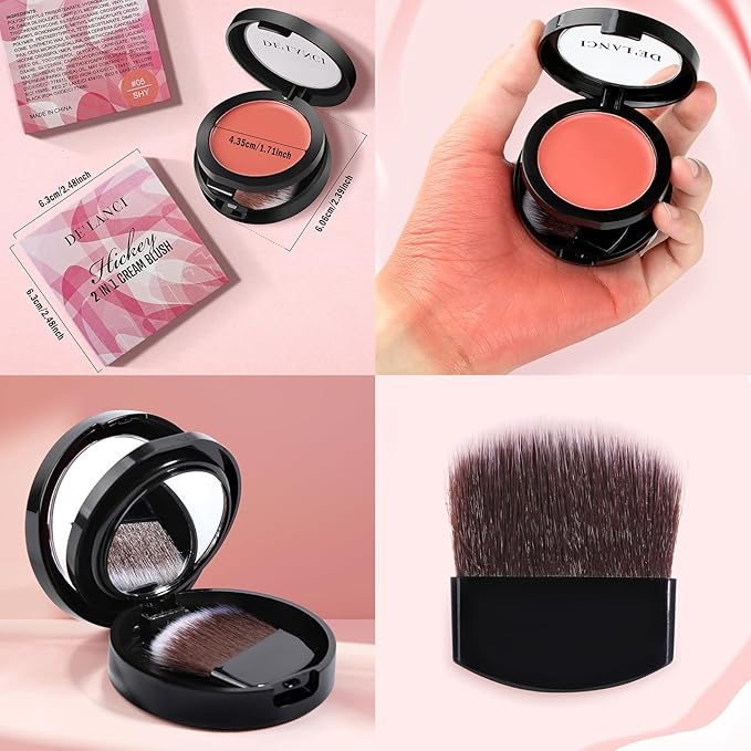 DE'LANCI Blush Single for Cheeks+Lip, Buildable Color Silky Smooth Peach Blush, Best Peachy Half Matte Blusher for Fair Medium Skin, Easy to Use Travel Size, Breathable Blendable Cream Blush (SHY 05#)-BrightBean Baby