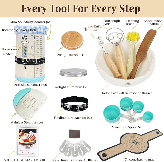 Complete Sourdough Starter Kit with 9" Rattan Banneton & 40oz Glass Jar - Bread Baking Supplies Set Includes Dough Whisk, Lame, Acacia Wood Spatula - Gift Set by Delight Source