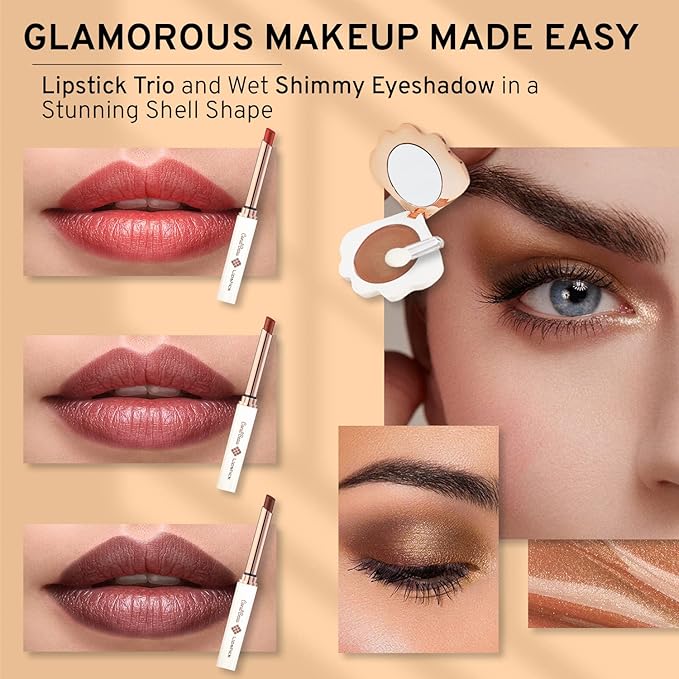 Shell Makeup Set - All in One Makeup Kit for Women with Compact BB Cream Powder, Eyeshadow Palette with Brown Shades, Eye Shadow Brush, Mascara, 3 Lipsticks, Necklace - Make Up Gift Set Box-BrightBean Baby