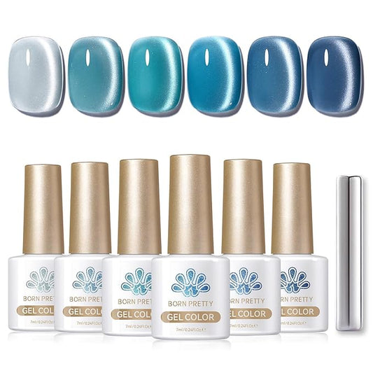 BORN PRETTY Magnetic Gel Nail Polish Blue Water Light Cat Magnetic Eye Gel Jelly Glass Crystal Magnetic Gel Polish Glitter Shimmer Auroras Magnetic Gel Nail Art Manicure Kit 6PCS-BrightBean Baby