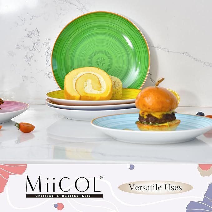 Miicol Ceramic Dessert Plates Set of 6, Colorful Appetizer Plates 8 Inch, Stackable Salad Dishes, Small Dinner Plates, Durable Dinnerware for Kitchen, Party, Wedding, Microwave and Dishwasher Safe