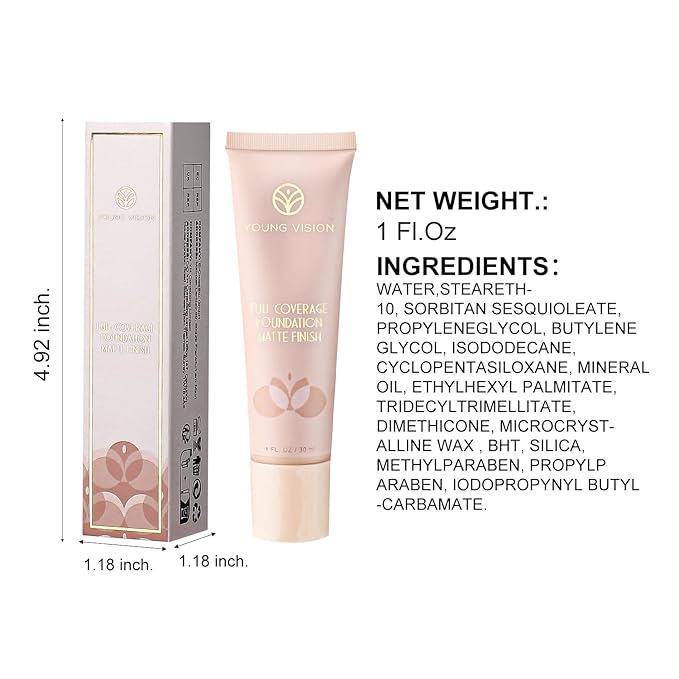 YOUNG VISION Full Coverage Longwear Foundation, Matte Finish, Waterproof, Poreless Liquid Foundation Makeup, Base de Maquillaje Alta Cobertura, 1 fl.oz-BrightBean Baby