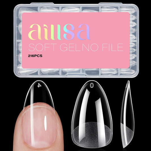 AILLSA Medium Almond Nail Tips Gel Half Matte Acrylic Nail Tips Clear Gelly Full Cover Pre-Filed Press on Nail tips Fake Nails For Extentions Manicure Salon Home DIY 216PCS 12 Sizes-BrightBean Baby