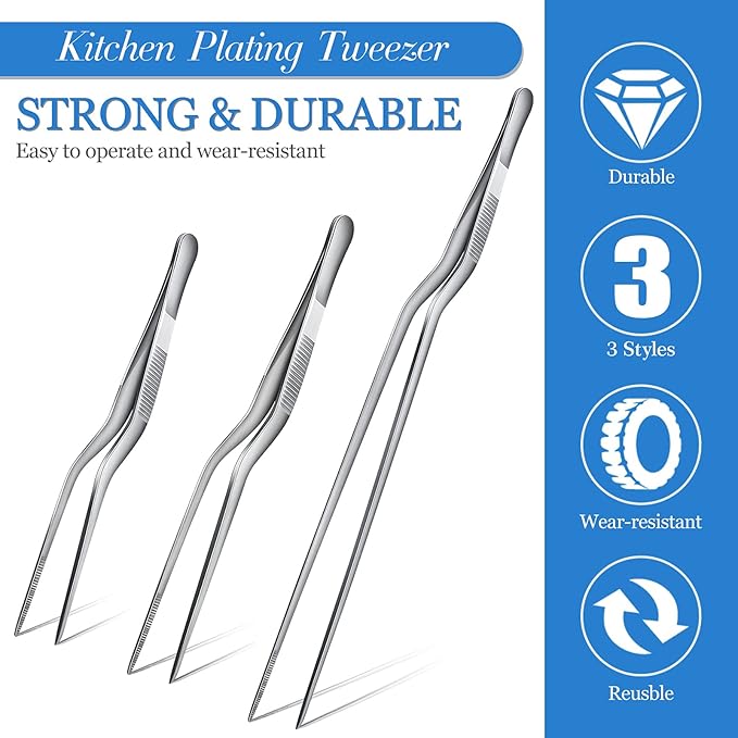 Chumia 3 Piece Stainless Steel Tweezers - Precision Kitchen Tongs for Plating, Food Handling & Cake Decorating