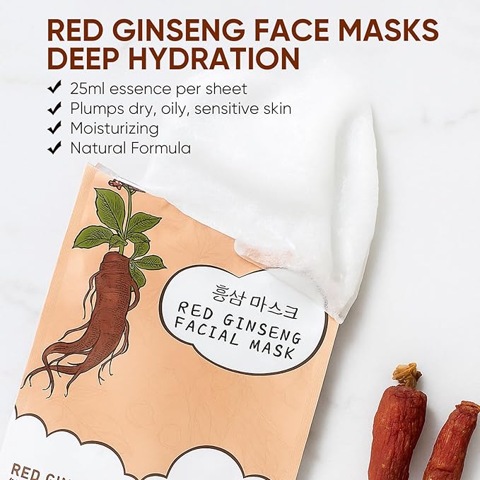 10Pack Sheet Face Masks Skincare for All Skin Types, Moisturizing Hydrating Face Masks Suitable for Sensitive Skin, Red Ginseng Face Masks for Wrinkles, Fine-Lines, Firmness and Elasticity-BrightBean Baby
