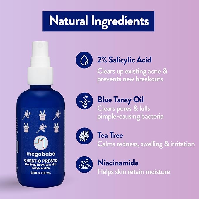 Megababe Chest-o Presto | Clarifying Body Acne Mist | Benzoyl Peroxide Free | 3.8 fl oz-BrightBean Baby