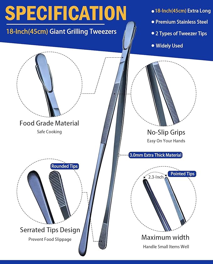 JETKONG 2 Pcs 18 Inch (45cm) Stainless Steel Grill Tongs Heavy Duty Giant Tweezer Tongs, Extra Large Tweezers Tools for Cooking, Grilling, BBQ and Turning Food (Navy Blue)