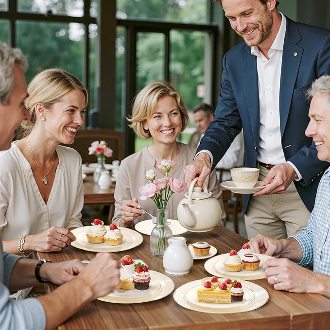 bUCLA 100PCS Ivory Plastic Plates with Gold Rim - Heavy Duty Cream Disposable Include 50 Dinner 10 inch & 50 Dessert 7 inch, for Party & Thanksgiving