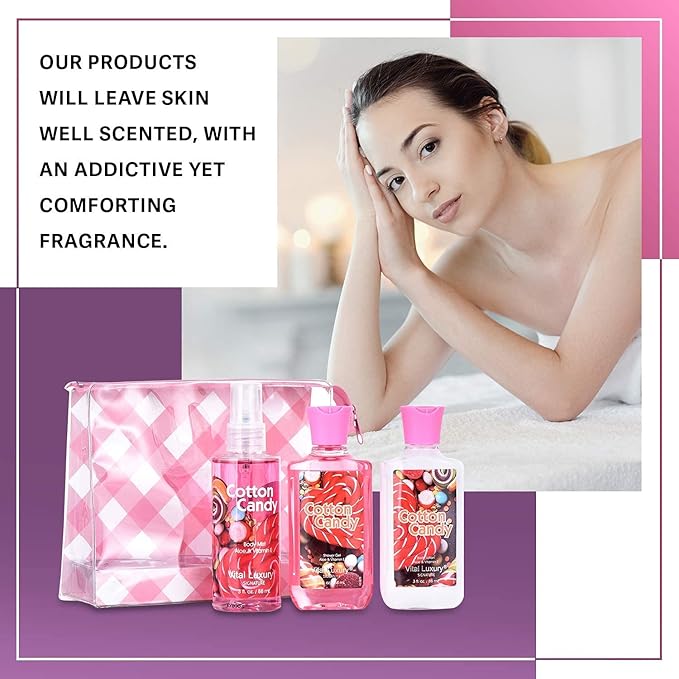 Bath & Body Care Travel Set - Home Spa Set with Body Lotion, Shower Gel and Fragrance Mist, Valentines Day Gifts for Her and Him(Cotton Candy)-BrightBean Baby
